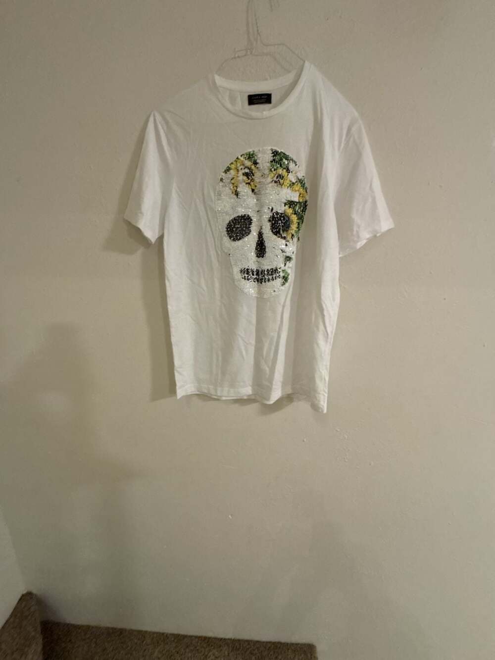 Zara Man Sequined Skull T-Shirt Size L White Floral Graphic